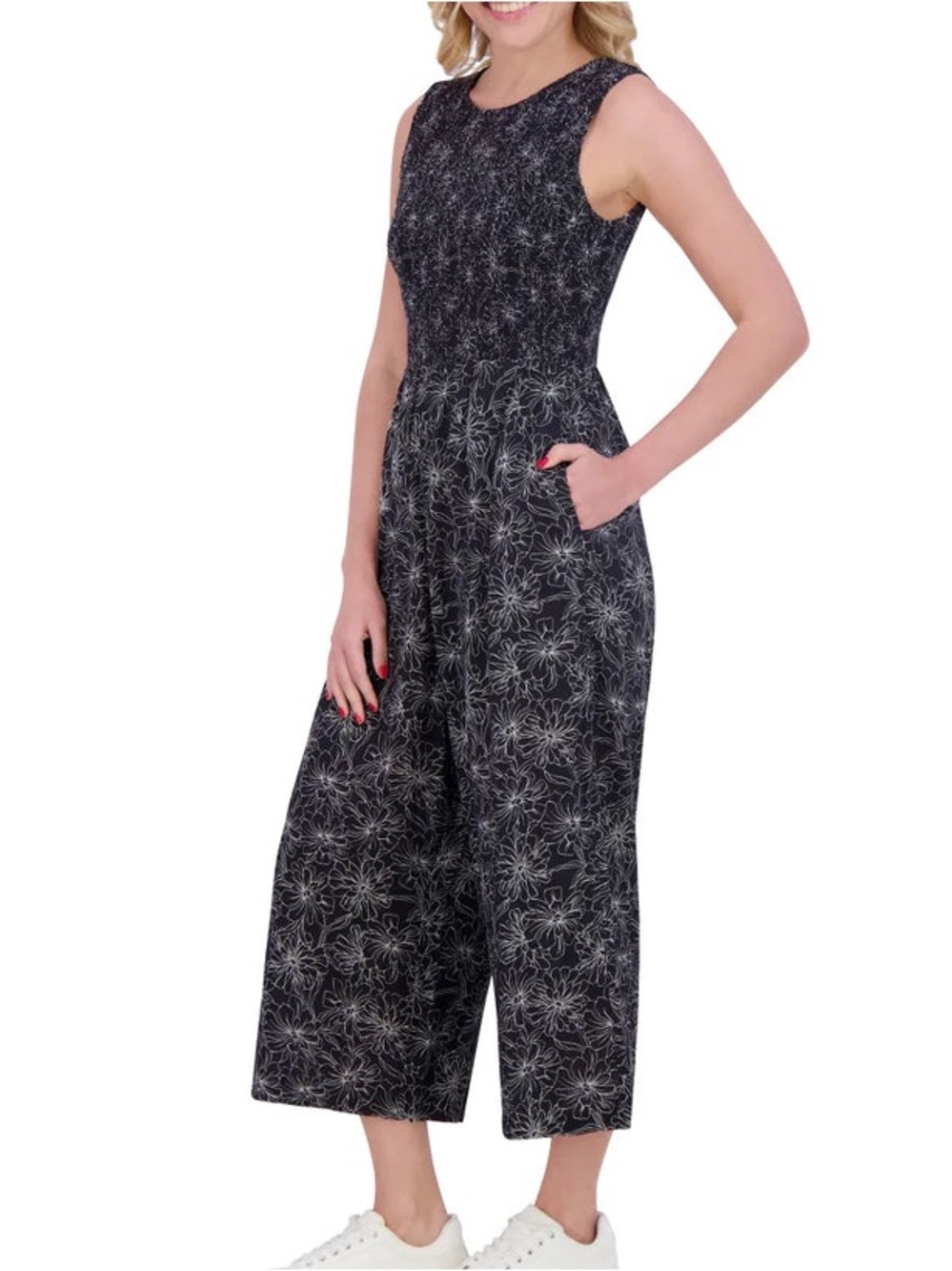 Andrew Marc Black Floral Smocked Bodice Wide-Leg Jumpsuit